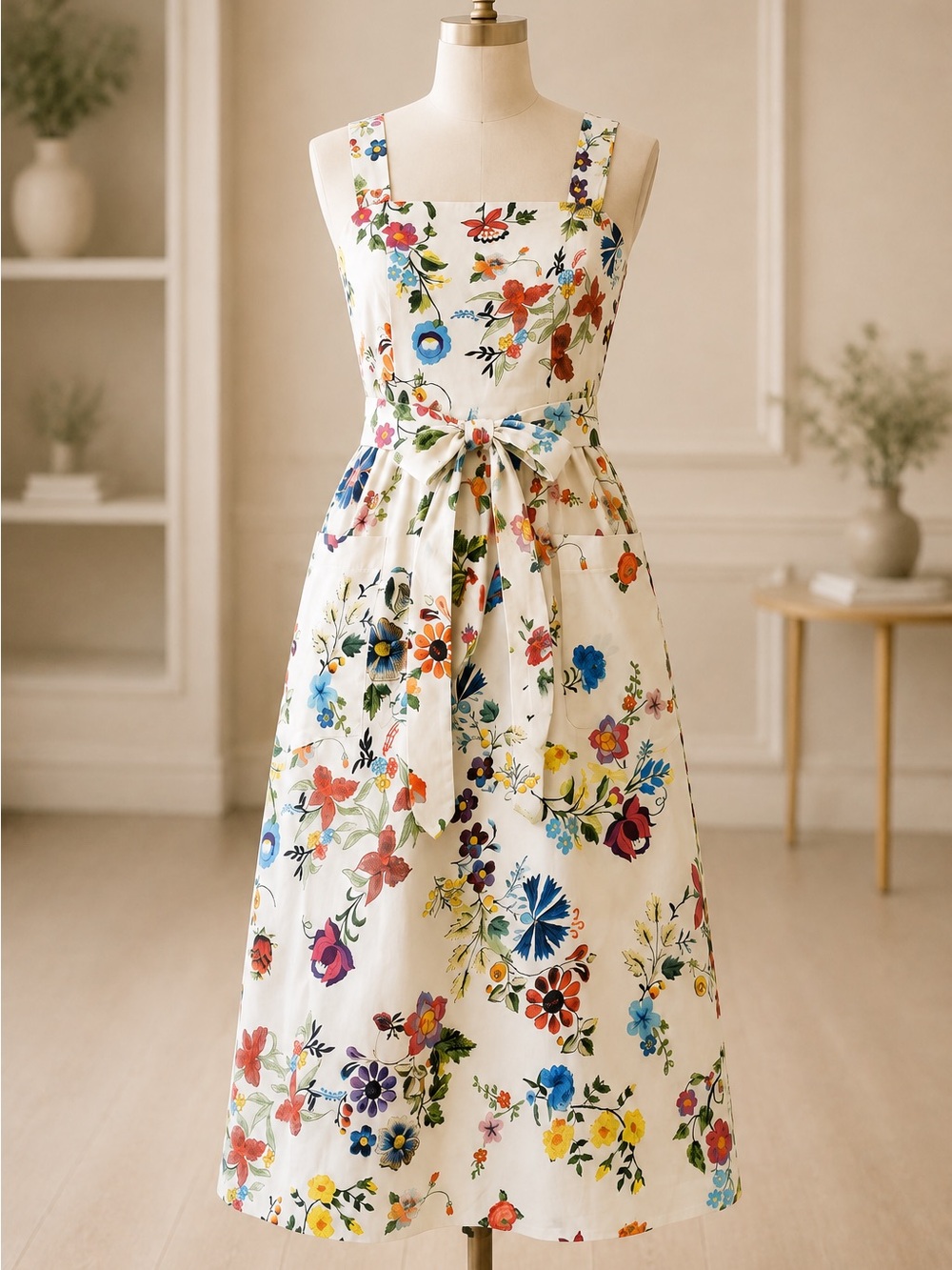Sleeveless Floral Tie-Waist Midi Dress - White with Multi Floral Print